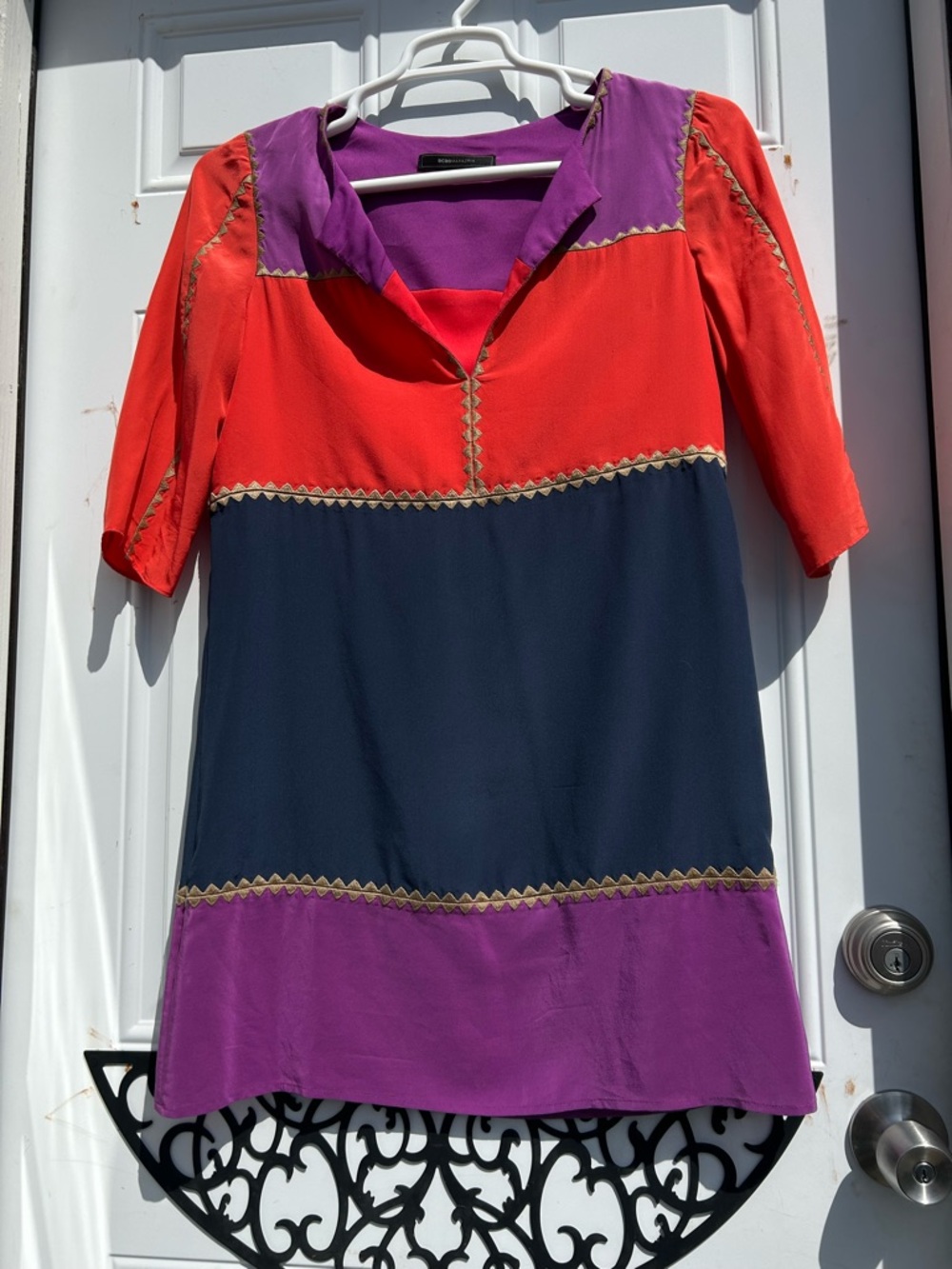 BCBGMaxAzria Colorblock V-Neck Tunic in Red, Navy & Purple